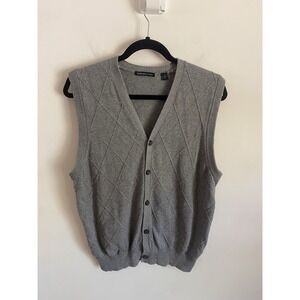 Van Heusen Studio Mens Small Gray Cotton Diamond Knit Button Front Sweater Vest